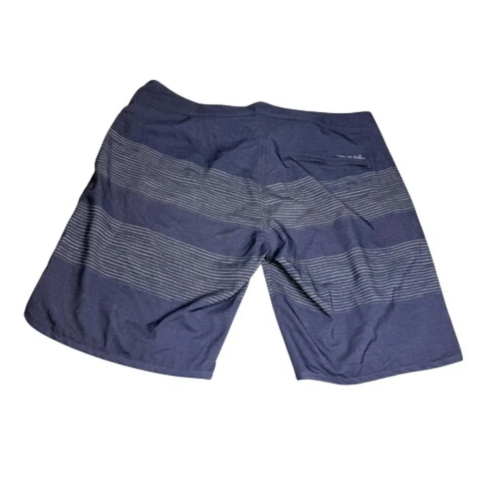 Travis Mathew Men's Check Mate Striped Stretch Swim Board Shorts Navy Blue Sz 38